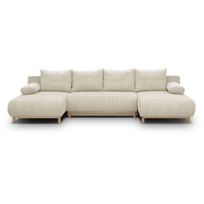 Canapé panoramique convertible - 6 places - MIKA - Velours côtelé Beige - Coffre de rangement - 313 x 84 x 145 cm