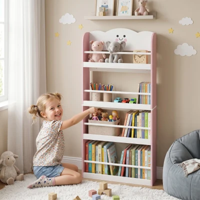 AIYAPLAY Wall-Mounted Kids Bookshelf 4-Tier Space-Saving Pink