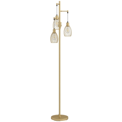 HOMCOM Industrial 3-Light Floor Lamp Steel Cage Gold 170.5cm