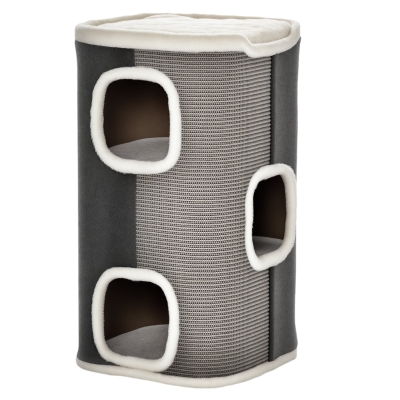 PawHut Tonneau à Gratter pour Chat 3 Niveaux en Peluche et Sisal, 3 Zones, 2 Grands Trous Interconnectés, 40x40x74cm, Gris