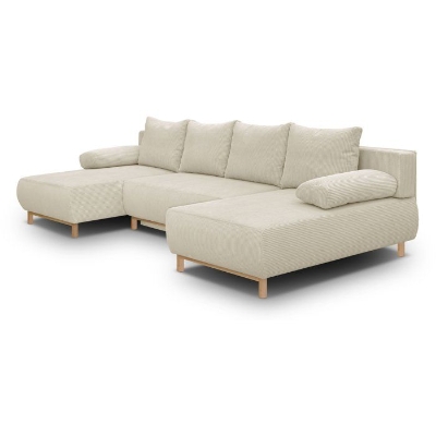 Canapé panoramique convertible - 6 places - MIKA - Velours côtelé Beige - Coffre de rangement - 313 x 84 x 145 cm