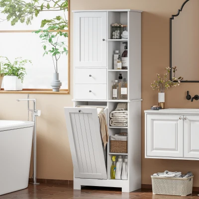 HOMCOM Armadietto da Bagno con Cesto Biancheria, Bianco