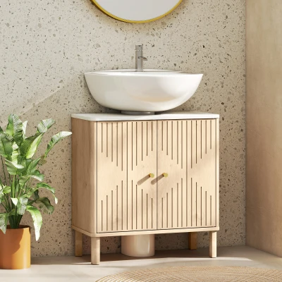 HOMCOM Mueble de lavabo, mueble de baño bajo lavabo estante ajustable encimera efecto mármol 60x30x63cm roble