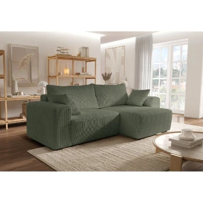 Canapé d'angle convertible réversible - 5 places - BOMBEY - Velours côtelé Vert - 264 x 162 x 85 cm