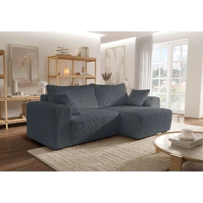 Canapé d'angle convertible réversible - 5 places - BOMBEY - Velours côtelé Gris anthracite - 264 x 162 x 85 cm