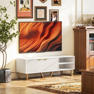 HOMCOM Meuble TV 70" Bois 2 Portes Cannelées Compartiment Ouvet