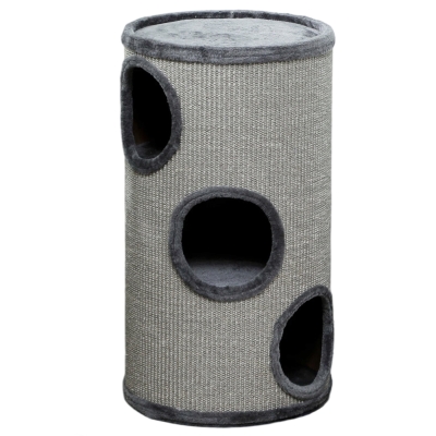 PawHut Tonneau à gratter pour chat, tour à griffer en sisal à 3 niveaux recouvert de peluche, Ø 38 x 70 cm, gris clair