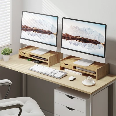 HOMCOM Suporte para Monitor de Bambu Organizador de Escritório para Monitor Portátil 48x25,5x11,5 cm Madeira