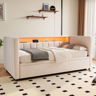 Space-Saving Sofa Bed with Pull-Out Bed, 201L x 100W x 73H cm, Beige