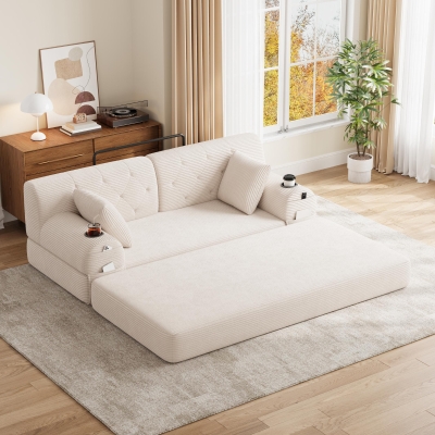 Cozy Sleeper Sofa with High-Density Foam and Soft Corduroy, 168L x 80W x 81H cm, Beige