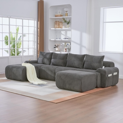 4-Seater Modular Couch Sofa with 2 Ottomans and Integrated Cup‑Holders, 333L x 174W x 80H cm, Dark Gray