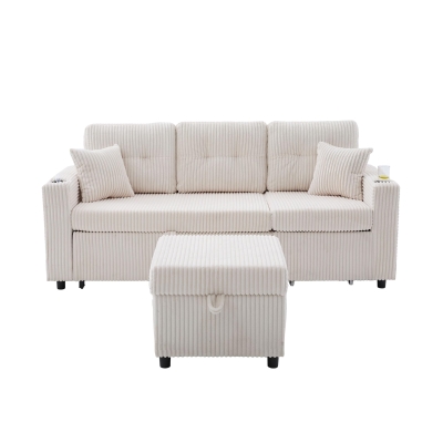 Multifunctional Corduroy Sofa Bed with Hidden Storage and Pull‑Out Bed, 196L x 82W x 85H cm, Beige