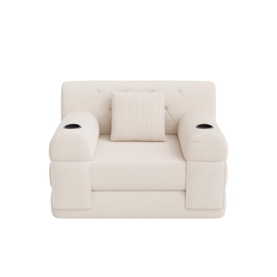 Convertible 1-Seater Sleeper Sofa with Tufted Corduroy Upholstery, 107L x 80W x 81H cm, Beige