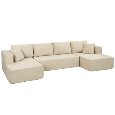 HOMCOM Canapé U 4 Places Velours Côtelé 337cm Convertible Crème