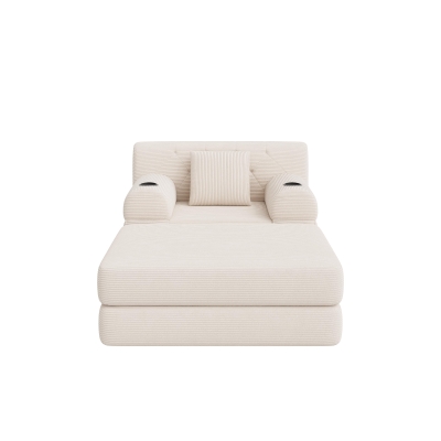 Corduroy Sleeper Chair with Ottoman and Metal Frame, 107L x 162W x 81H cm, Beige