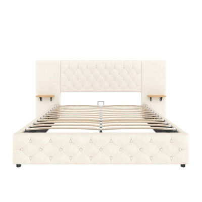 Spacious Platform Bed with Hydraulic Lift System, 190L x 135W x 103H cm, Beige