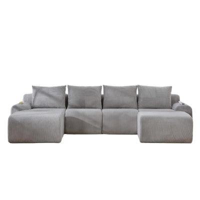 4-Seater Modular Cord Sofa with 2 Ottomans and Integrated Cup‑Holders, 333L x 174W x 80H cm, Light Gray