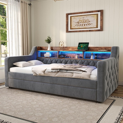 Space-Saving Sofa Bed with Pull-Out Bed, 201L x 107W x 75H cm, Dark Gray