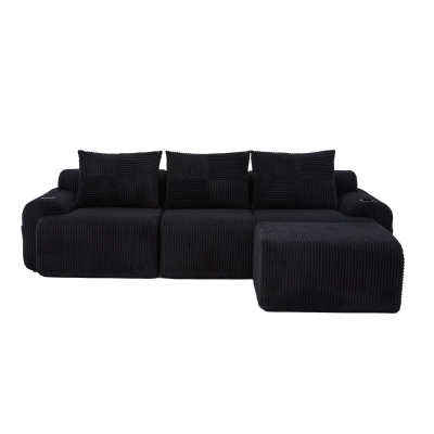 Corduroy Sectional Sofa with Built-in Cup Holders and Side Storage Pockets, 268L x 174W x 80H cm, Black