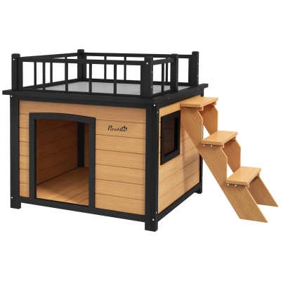 PawHut Caseta para perros con terraza en el techo, resistente a la intemperie, de madera, 121x77x78 cm, Negro/Amarillo