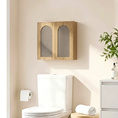 HOMCOM Armario mural de baño bohemio con 2 puertas efecto ratán de cierre suave y estantería regulable, roble