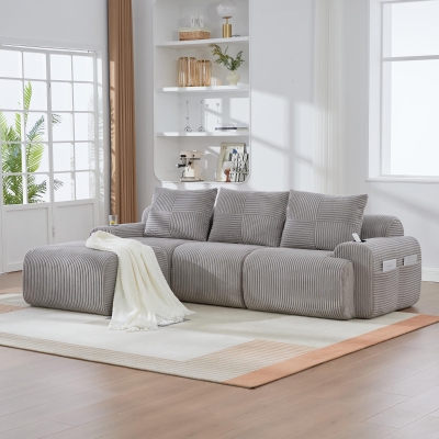 3-Seater Modular Sofa with Ottomans and Side Storage Pockets, 268L x 174W x 80H cm, Light Gray