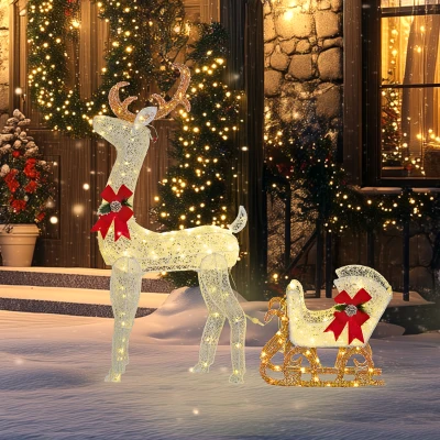 Outsunny Renne et traîneau lumineux de Noël avec 170 LED blanc chaud, décoration de Noël pour intérieur et extérieur, 50x29x42cm