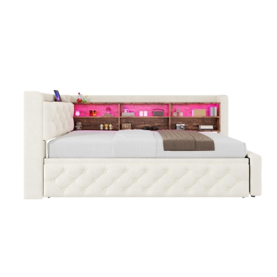 Velvet Pull-Out Sofa Bed Frame with Wooden Headboard Shelf, 211L x 91W x 84H cm, Beige