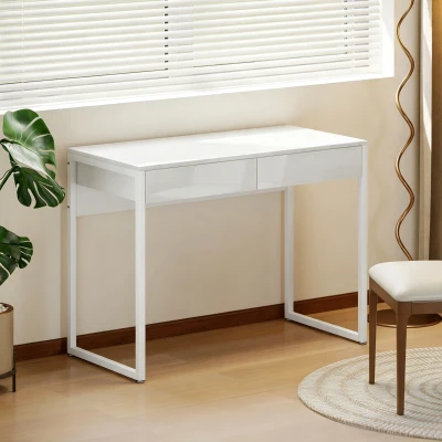 HOMCOM Bureau Moderne 100x50cm 2 Tiroirs Blanc Pieds Acier