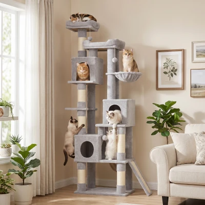 PawHut Arbre à Chat 200cm Sisal 2 Nids 3 Cabines Hamac Gris
