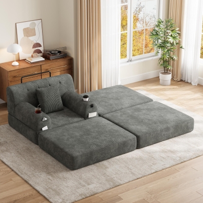 Corduroy Sleeper Chair with Ottoman and Metal Frame, 107L x 162W x 81H cm, Dark Gray