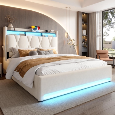 Functional Hydraulic Bed with Headboard Shelf, 158L x 221W x 116.5H cm, Beige