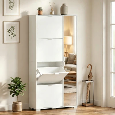 HOMCOM Armoire à Chaussures 16 Paires 4 Tiroirs Miroir Blanc