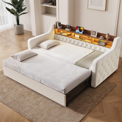2-in-1 Beige Velvet Sofa Bed with Armrests and Storage Headboard, 201L x 107W x 80H cm, Beige
