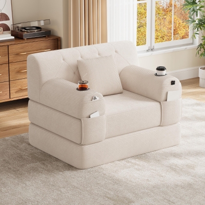 Convertible 1-Seater Sleeper Sofa with Tufted Corduroy Upholstery, 107L x 80W x 81H cm, Beige