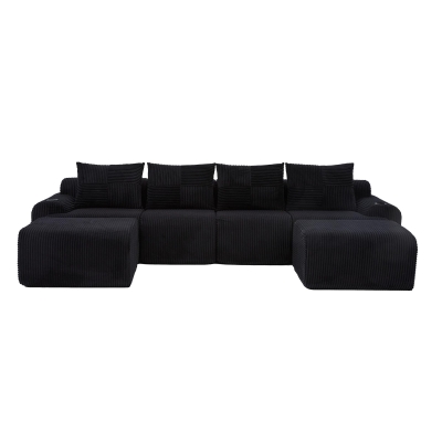 4-Seater Modular Cord Sofa with 2 Ottomans and Integrated Cup‑Holders, 333L x 174W x 80H cm, Black