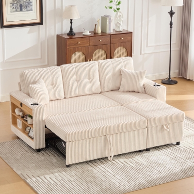 Multifunctional Corduroy Sofa Bed with Hidden Storage and Pull‑Out Bed, 196L x 82W x 85H cm, Beige