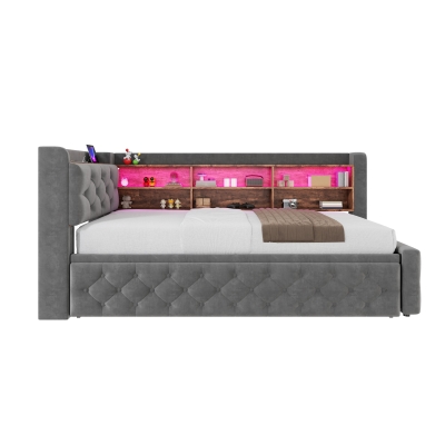 Velvet Pull-Out Sofa Bed Frame with Wooden Headboard Shelf, 211L x 91W x 84H cm, Dark Gray