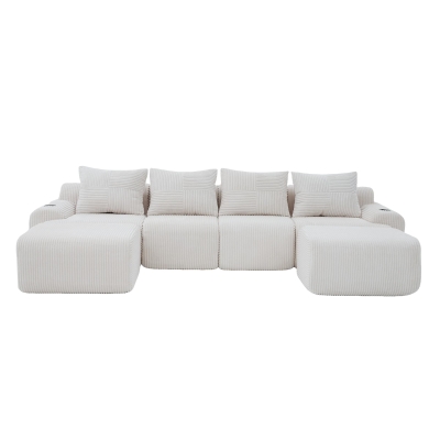 4-Seater Modular Cord Sofa with 2 Ottomans and Integrated Cup‑Holders, 333L x 174W x 80H cm, Beige