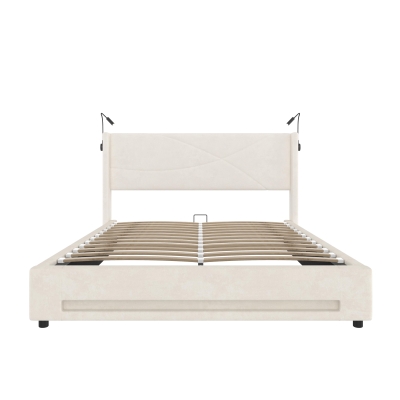Modern Platform Bed with Hydraulic Lift System, 209L x 157W x 106H cm, Beige