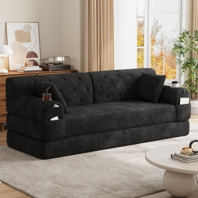 Cozy Sleeper Sofa with High-Density Foam and Soft Corduroy, 208L x 80W x 81H cm, Black