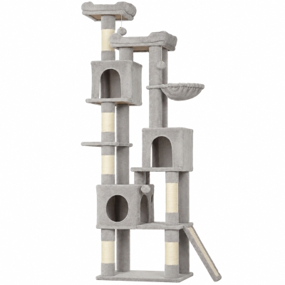 PawHut Arbre à Chat 200cm Sisal 2 Nids 3 Cabines Hamac Gris