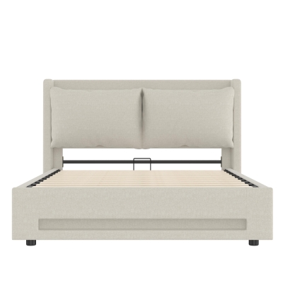 Practical Bed Frame with Built-in Shelf and Night Light, 152.5L x 210W x 114H cm, Beige