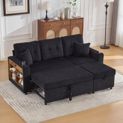 Multifunctional Corduroy Sofa Bed with Hidden Storage, 196L x 82W x 85H cm, Black