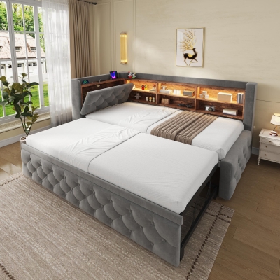 Velvet Pull-Out Sofa Bed Frame with Wooden Headboard Shelf, 211L x 91W x 84H cm, Dark Gray