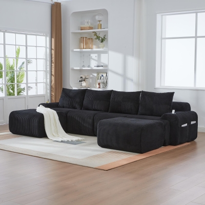 4-Seater Modular Cord Sofa with 2 Ottomans and Integrated Cup‑Holders, 333L x 174W x 80H cm, Black