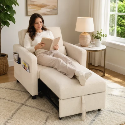 HOMCOM Schlafsessel 3-in-1 in Leinenoptik mit verstellbarer Rückenlehne, Creme