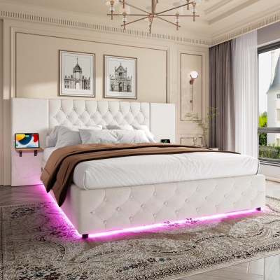 Spacious Platform Bed with Hydraulic Lift System, 190L x 135W x 103H cm, Beige