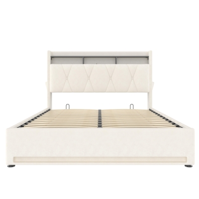 Functional Hydraulic Bed with Headboard Shelf, 158L x 221W x 116.5H cm, Beige