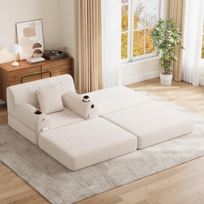 Corduroy Sleeper Chair with Ottoman and Metal Frame, 107L x 162W x 81H cm, Beige